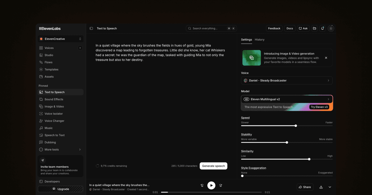 ElevenLabs text-to-speech interface generating narration