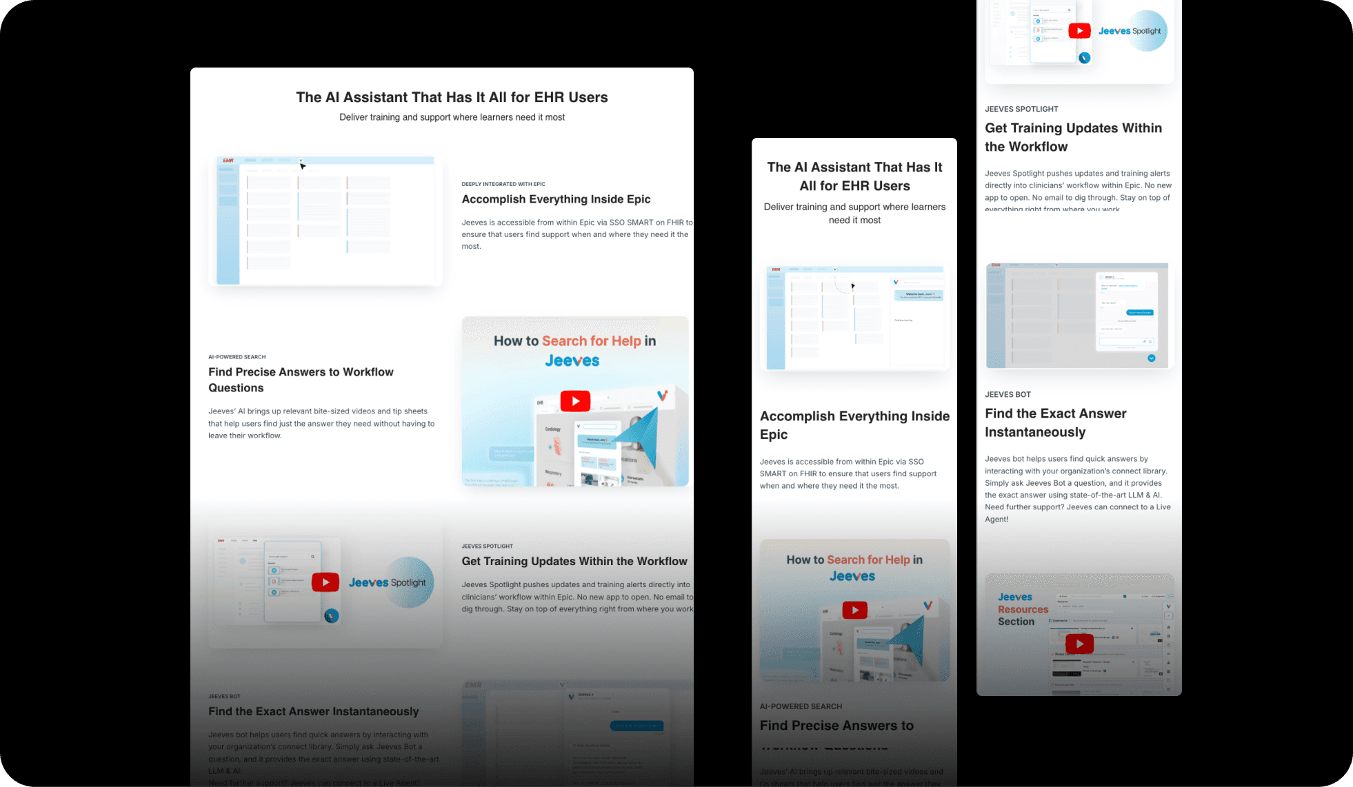 Feature sections, including a mobile-responsive version