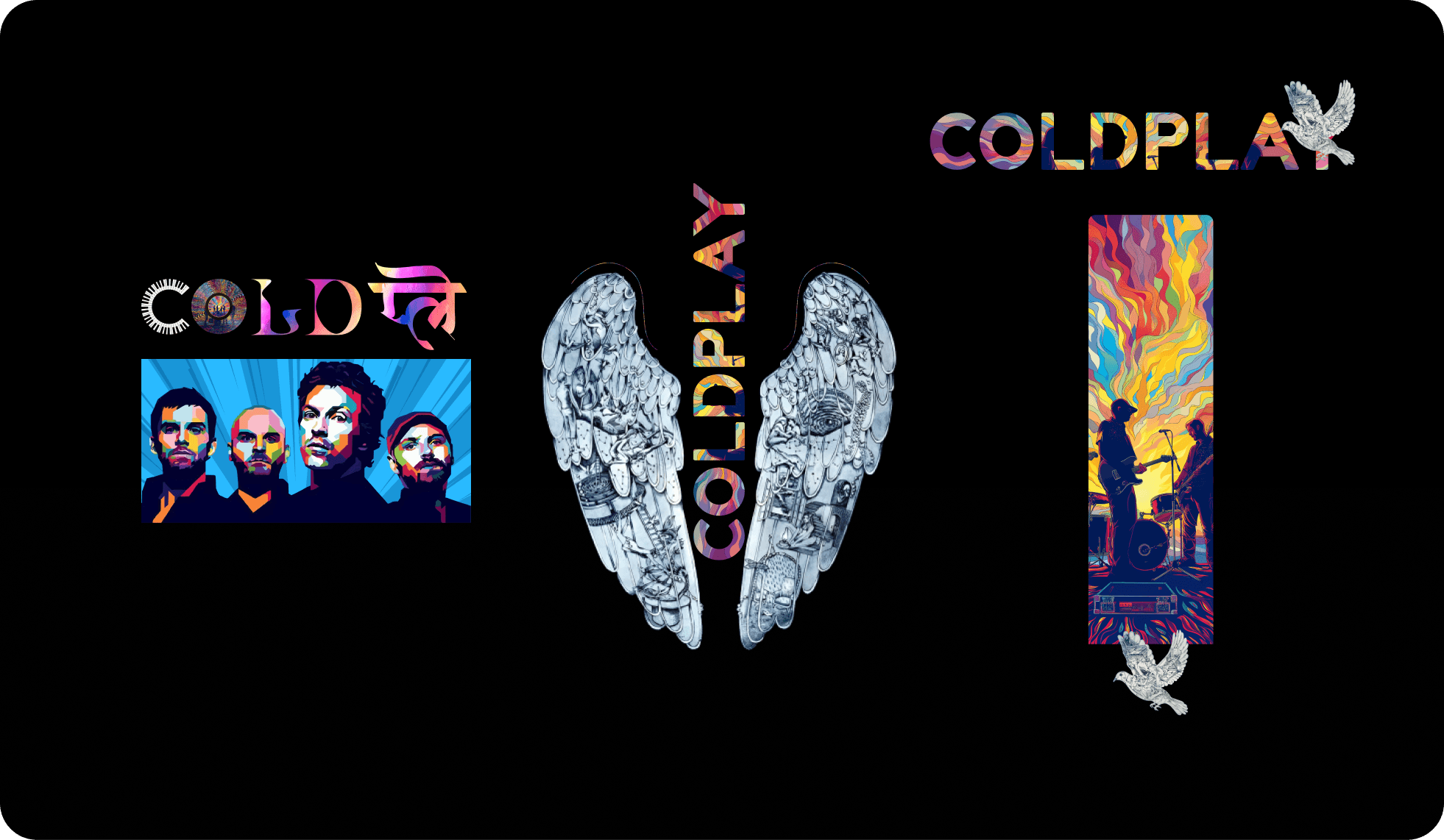 The full print set: band portrait, wings, and tour-poster illustration