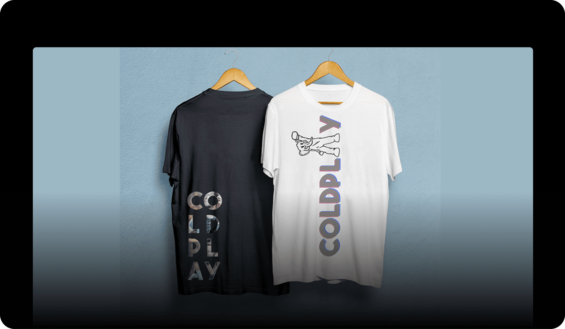 Two Coldplay tee designs, flat hanger mockup