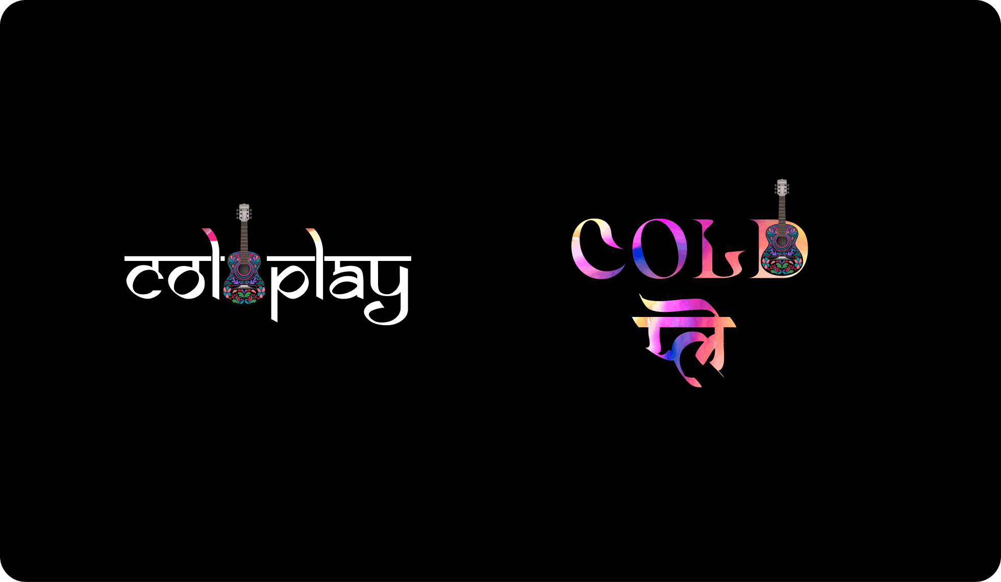 Coldplay wordmark explorations, guitar and bilingual versions