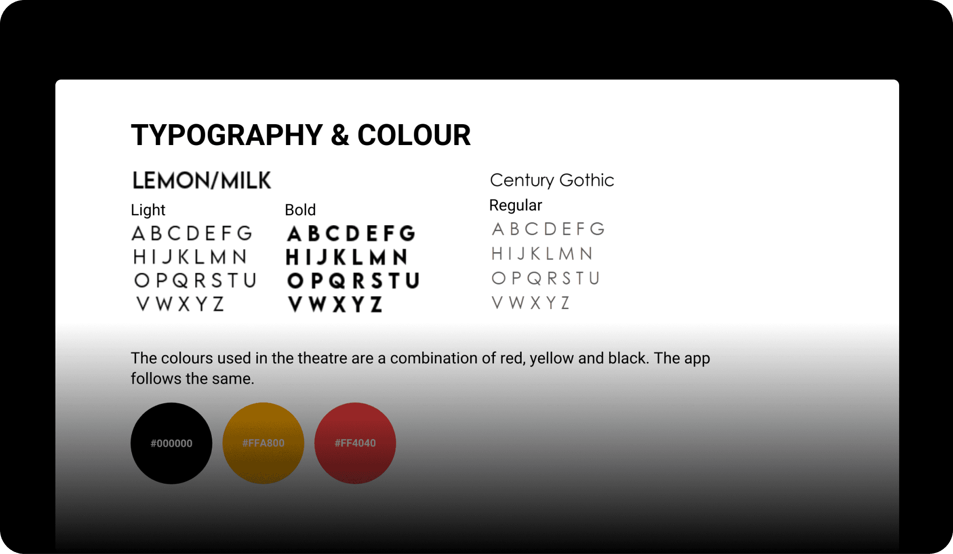 Type and colour system: Lemon/Milk, Century Gothic, black, orange, red