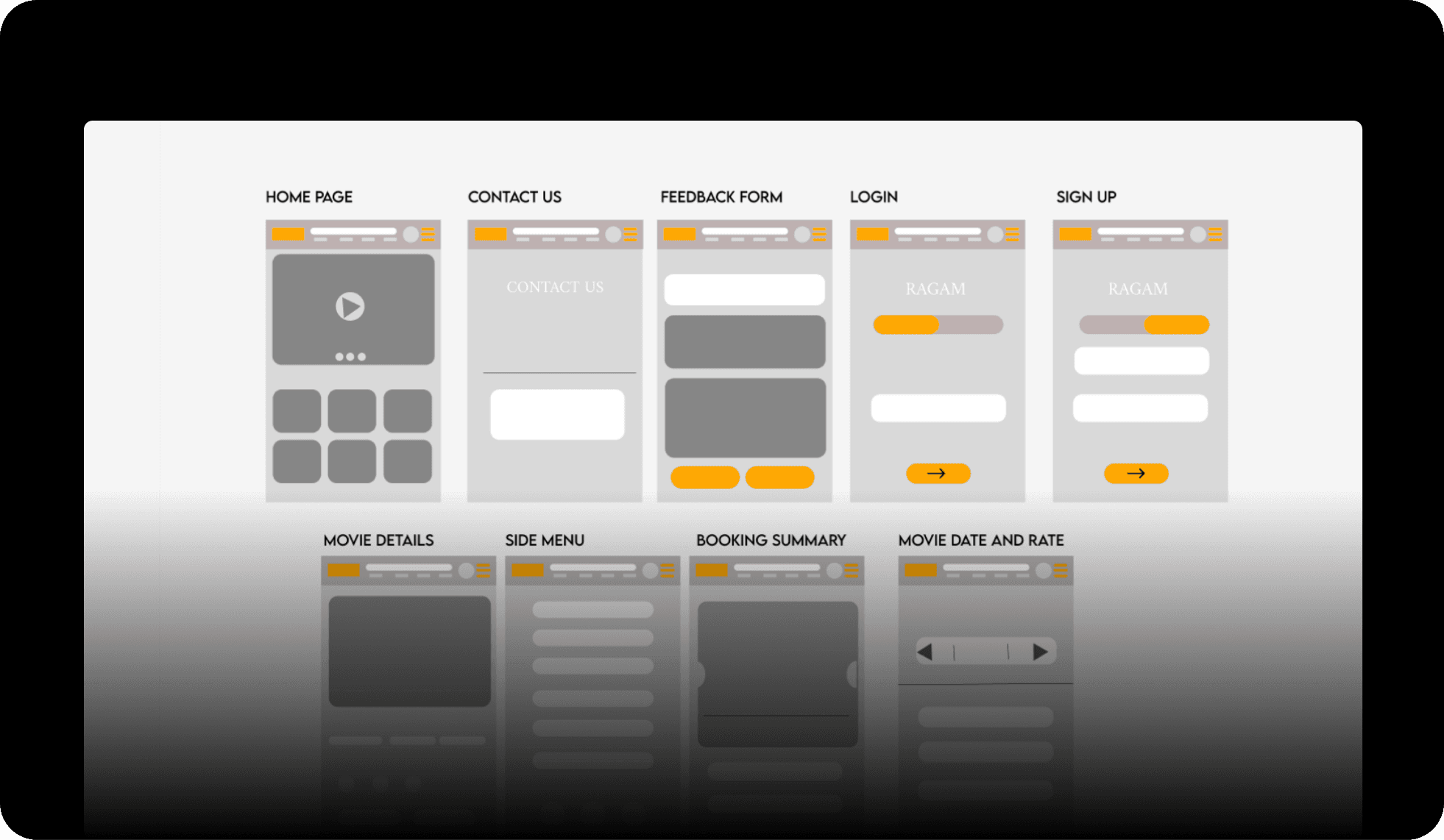 Greyscale wireframes of every core screen