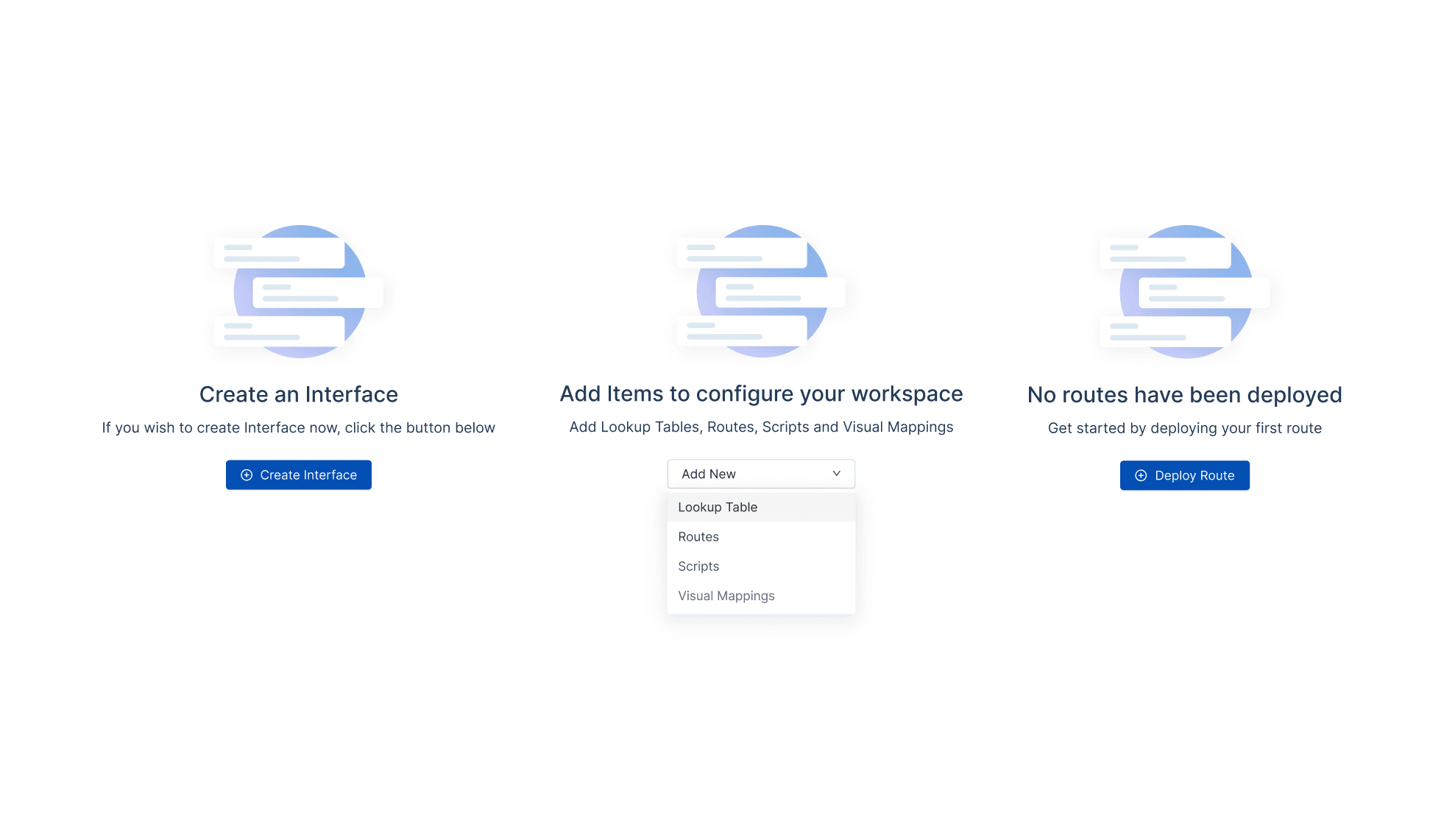 Design system: empty-state illustrations for creating an interface, adding items, and no routes deployed