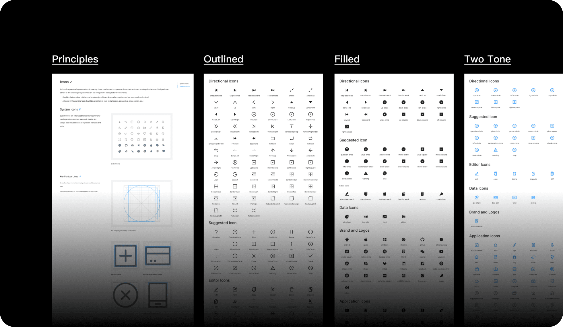 Design system: icon library principles, outlined, filled, and two-tone sets