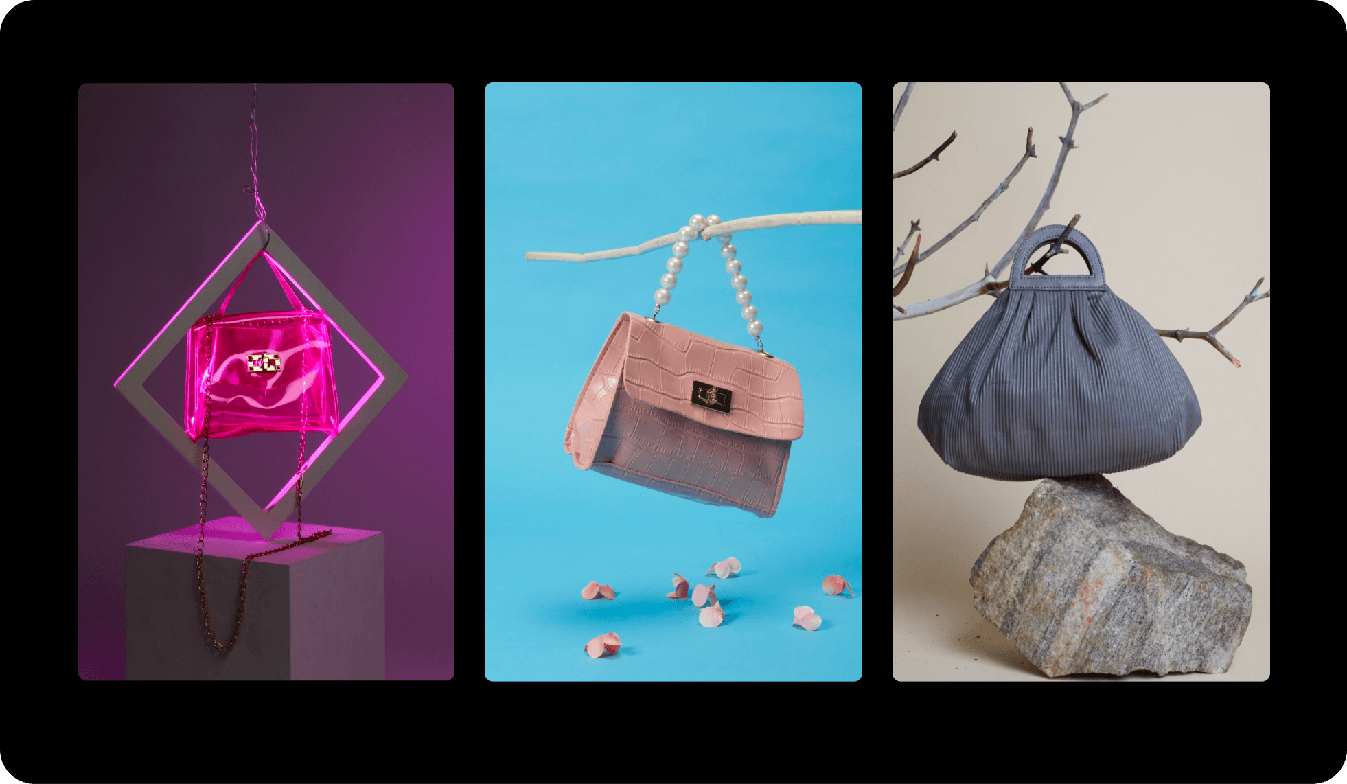 Handbags staged in built environments, neon frame and hanging branch