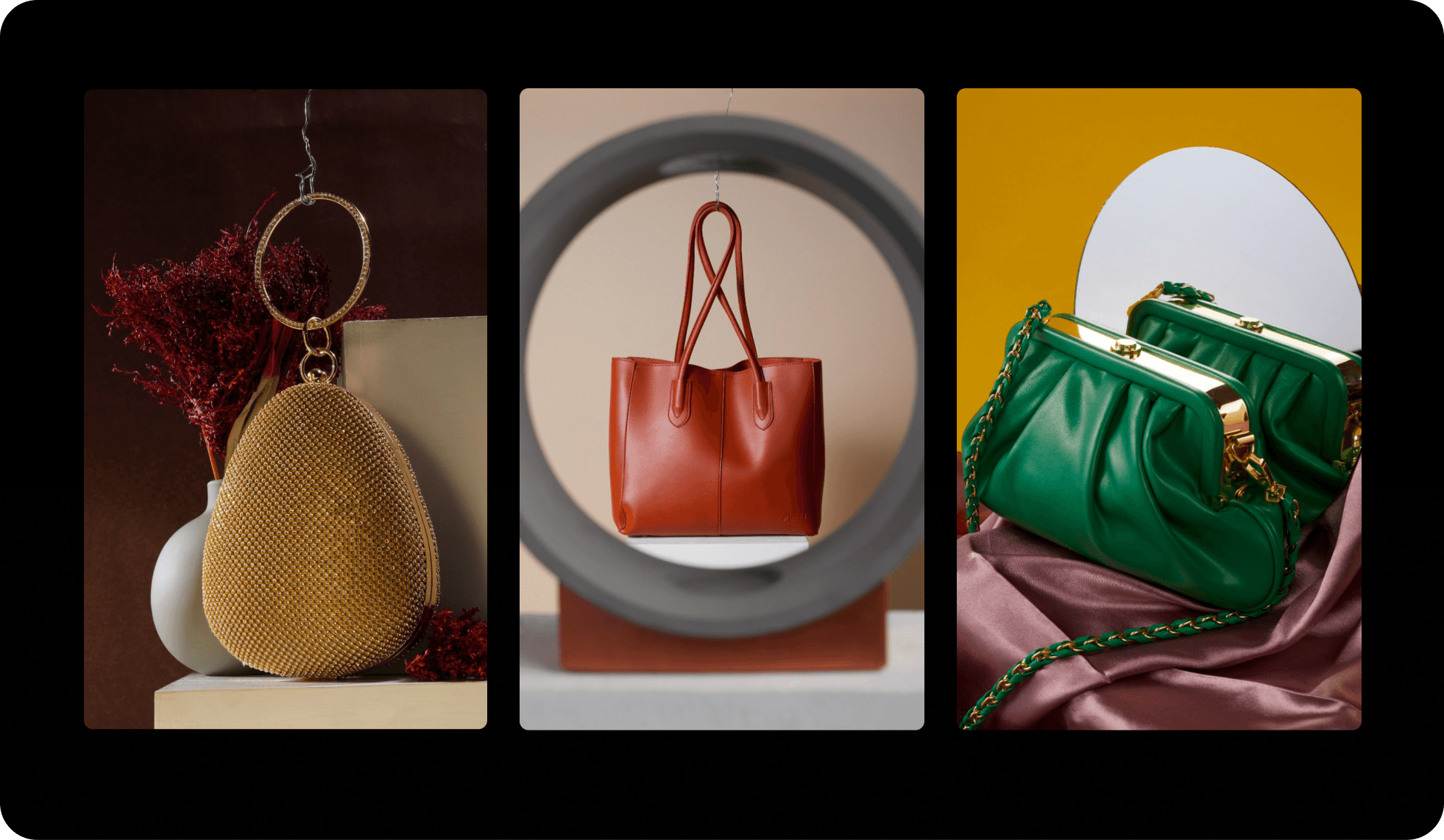 Handbags staged in built environments, hoop, rock, and satin