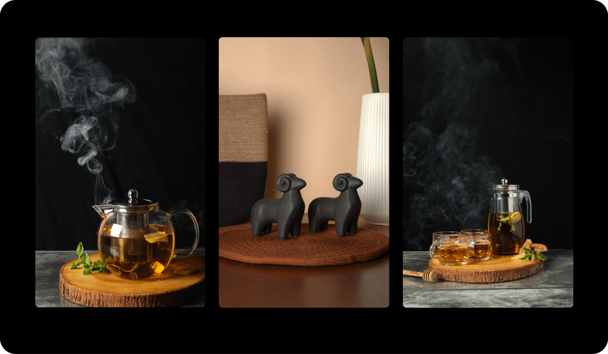 Home goods styled for warmth: teapot, ceramic figurines, tea set