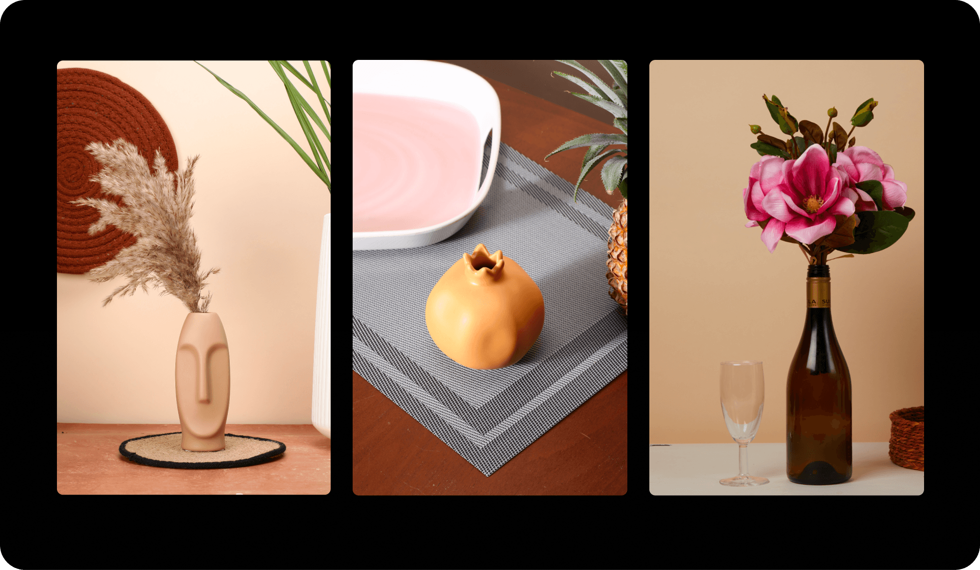 Home goods styled for warmth: vases and tabletop pieces