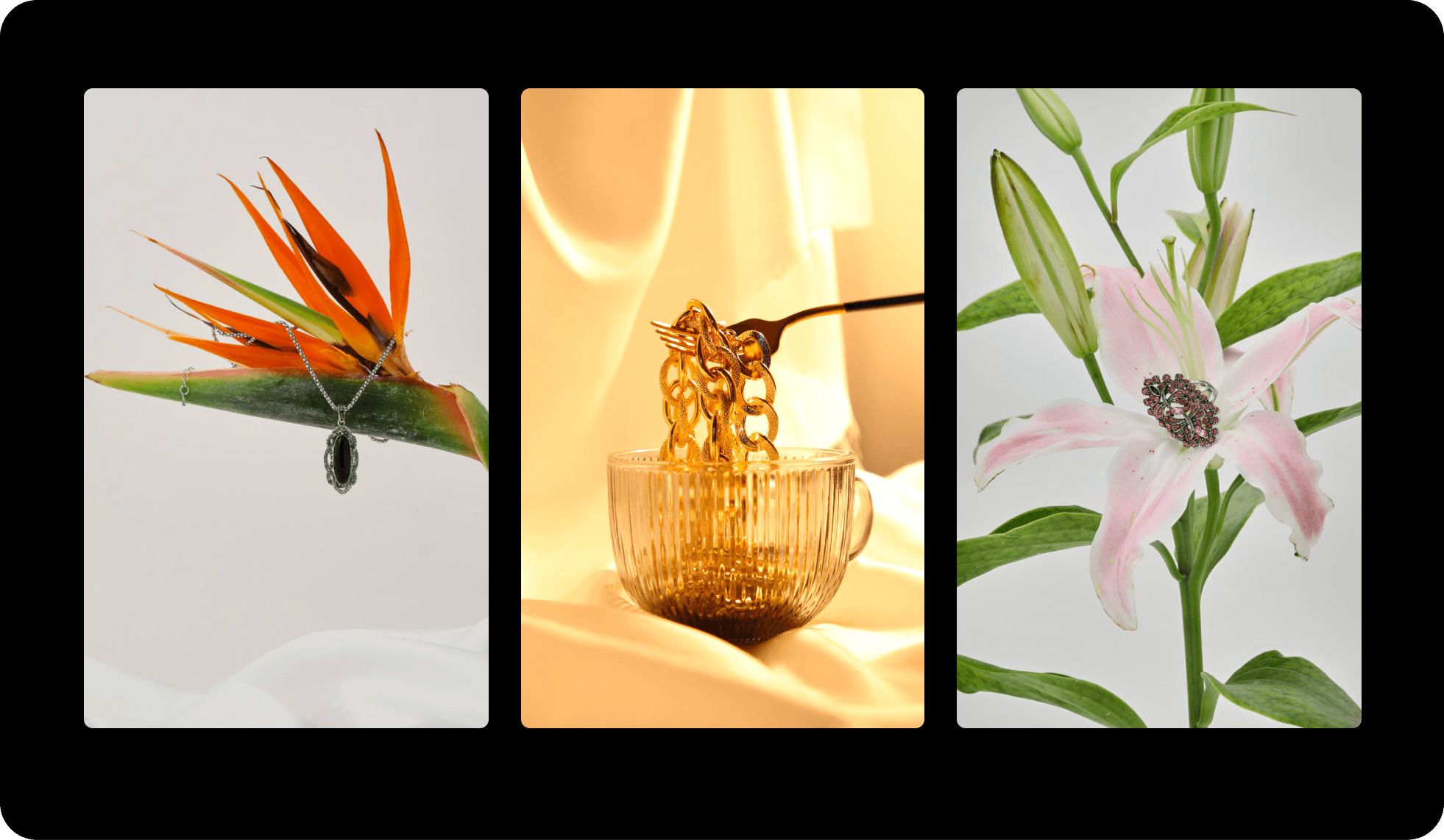 Jewelry styled against real flowers