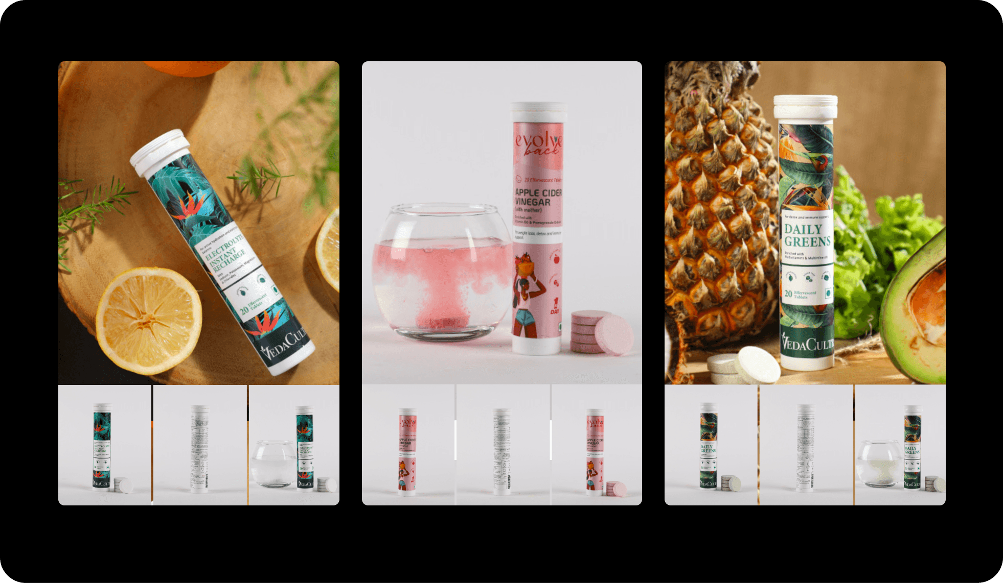 VedaCulture effervescent supplements: hero shots and dissolve-in-water frames